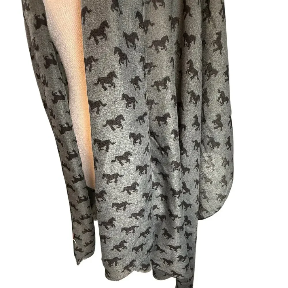Semi-Sheer Soft Viscose Horse Print Rectangle Scarf Shawl Gray Black Western